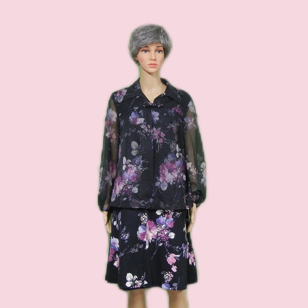 Vintage 2 Piece Outfit ~ Dress & Jacket ~ Multi-Color Floral w/ Black Background